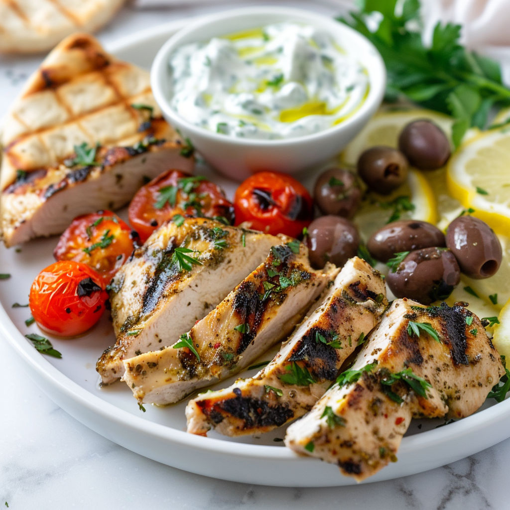Une assiette de poulet méditerranéen avec légumes et sauce yaourt.