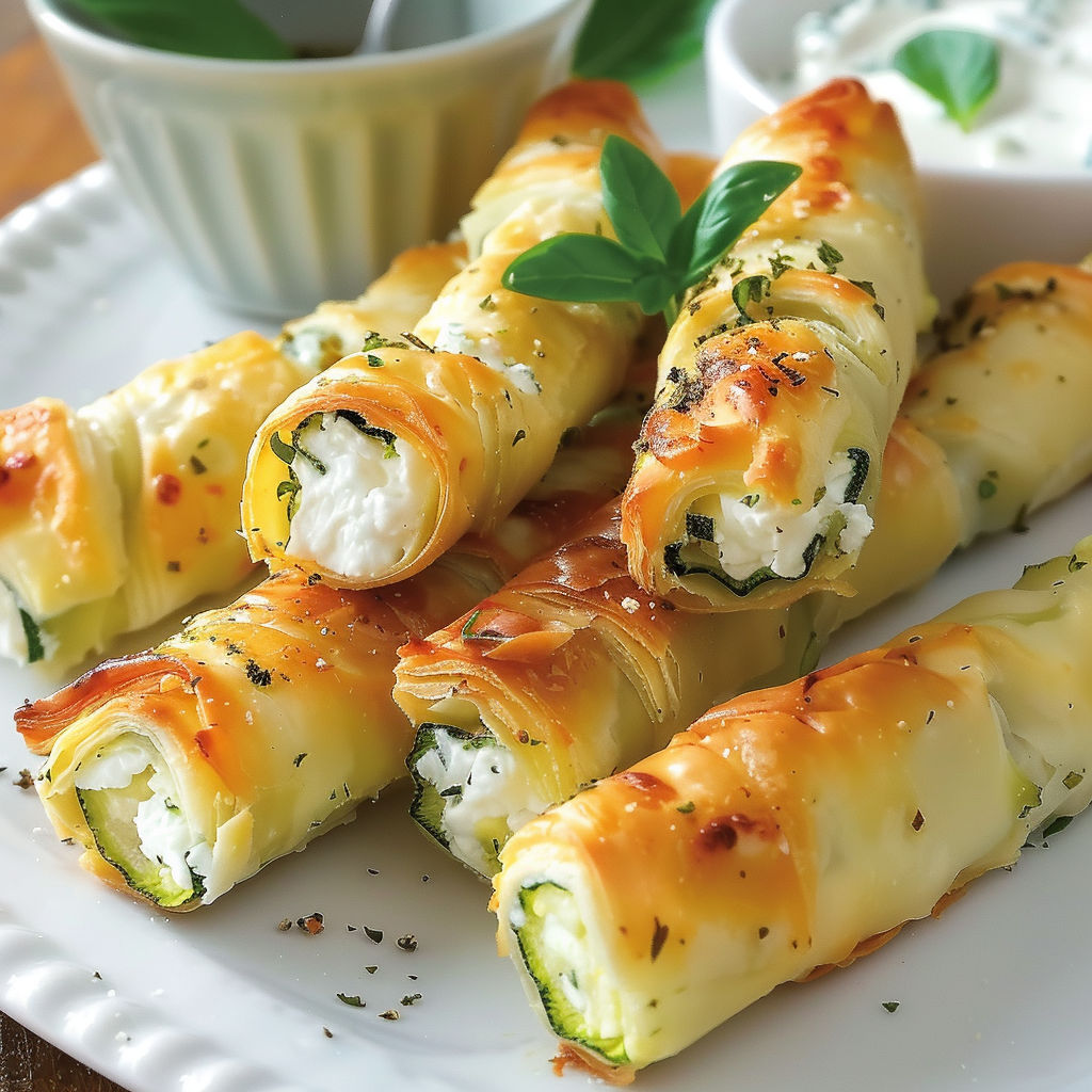 Assiette de roulés croquants courgette-feta.