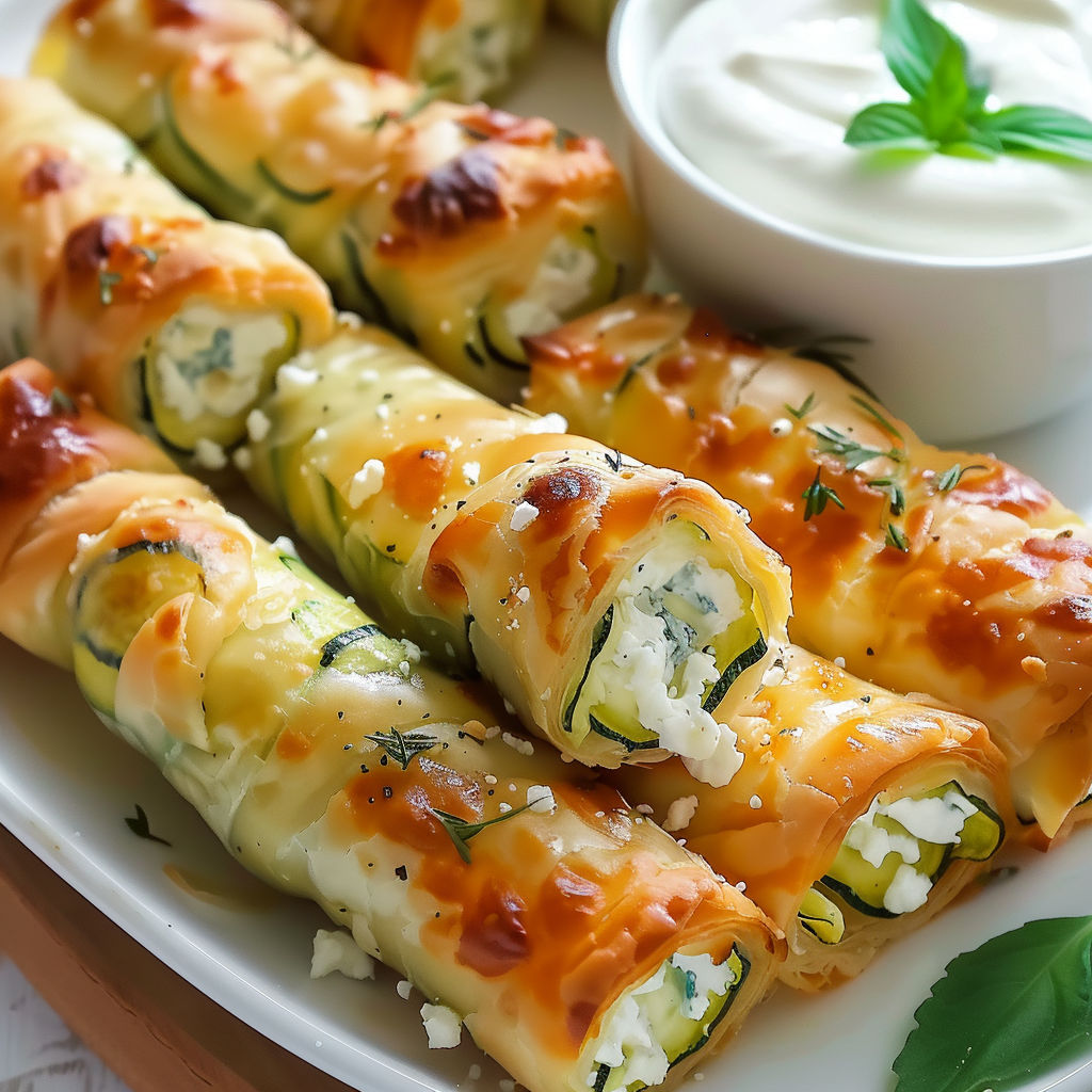 Belle présentation de roulés croquants courgette-feta.