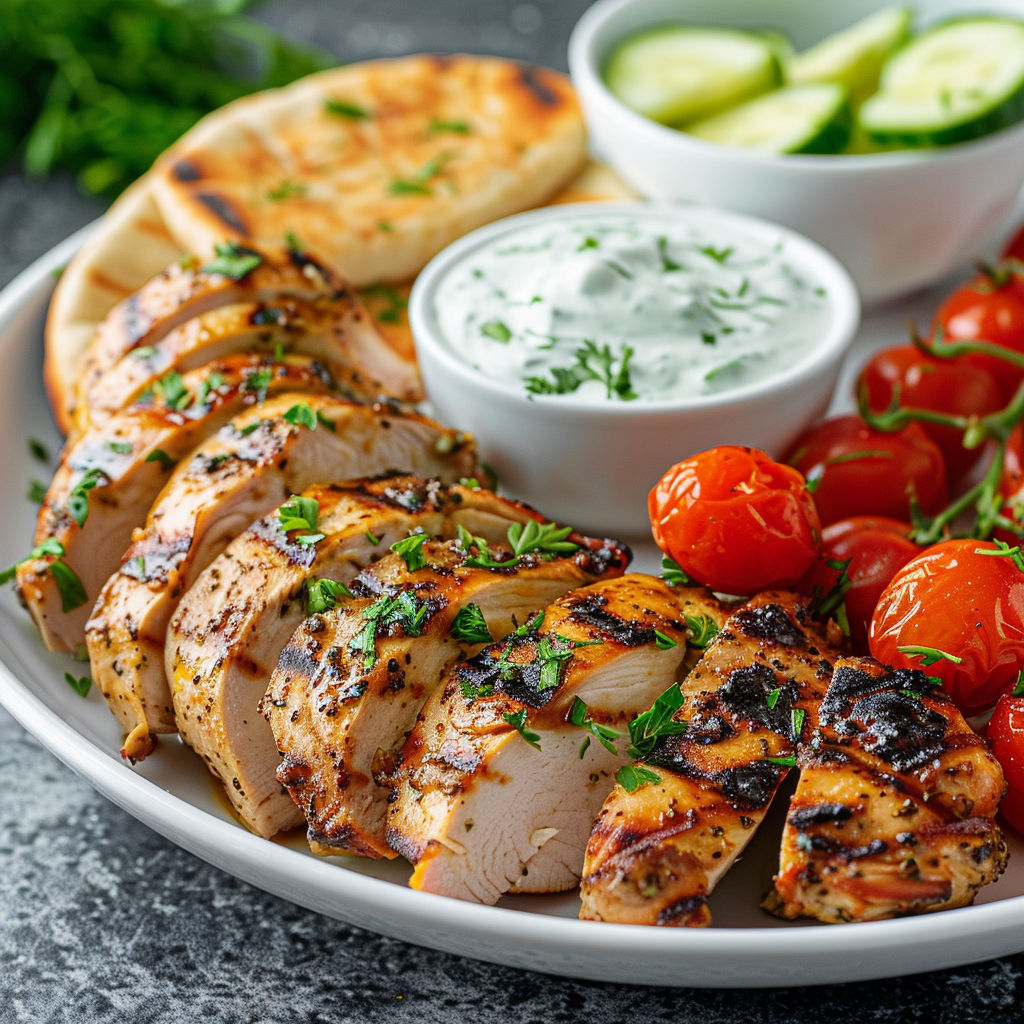 Une assiette de poulet grillé, quelques légumes et une sauce au yaourt.