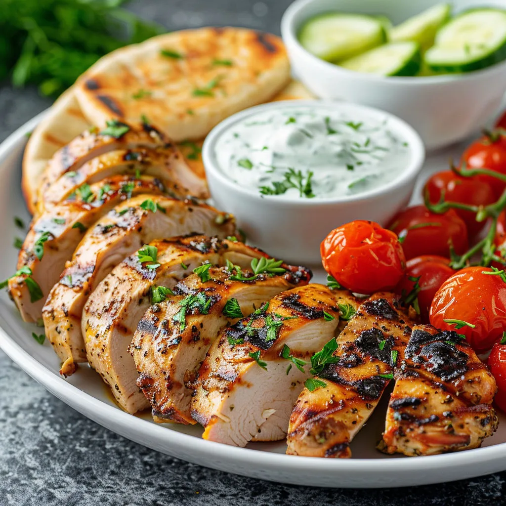 Une assiette de poulet grillé, quelques légumes et une sauce au yaourt.