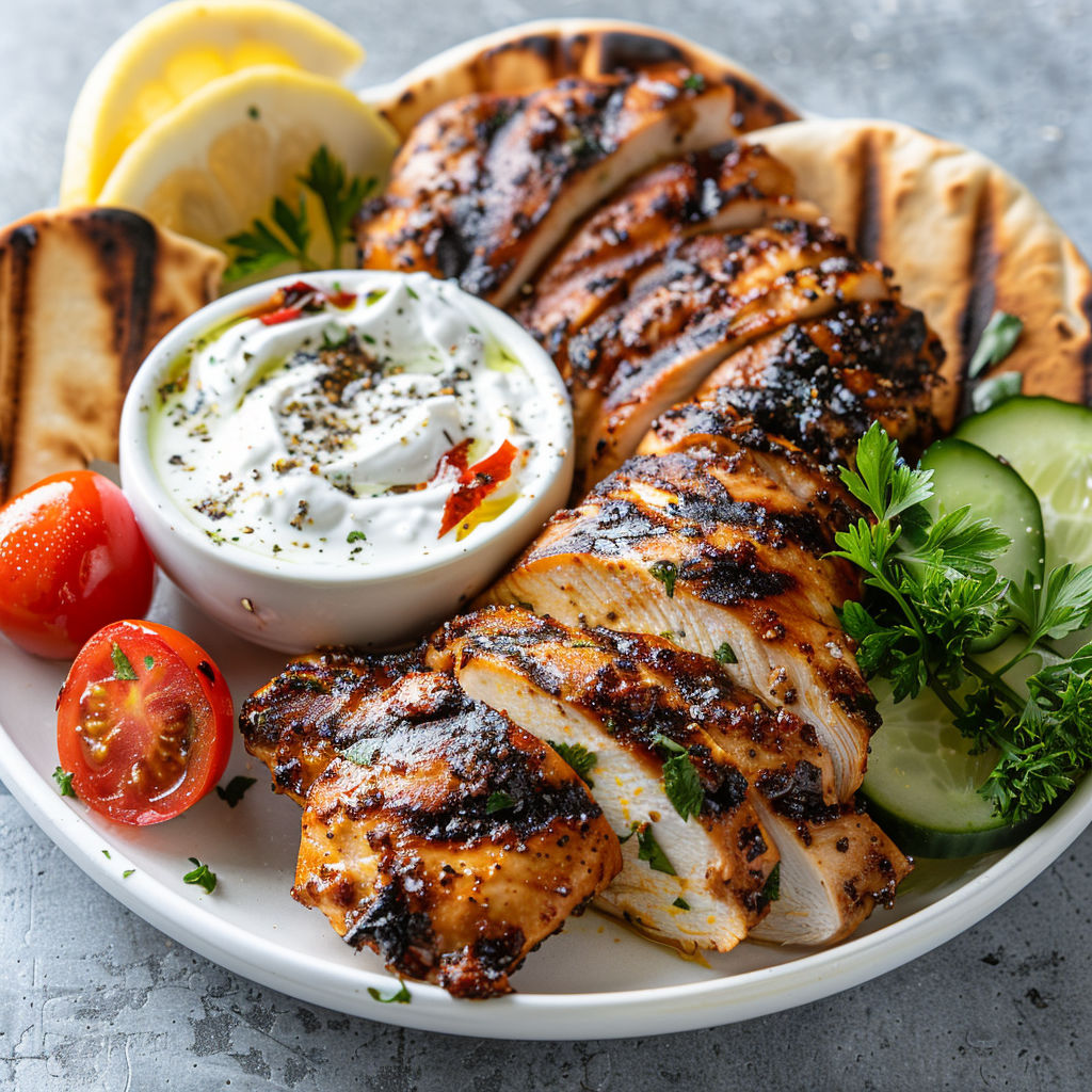 Poulet mariné à la méditerranéenne servi avec légumes et sauce fraîche.