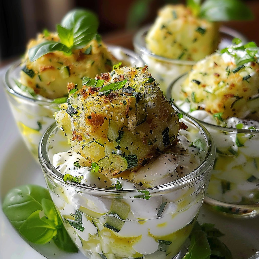 Une salade de concombre et pommes de terre dans des verrines.