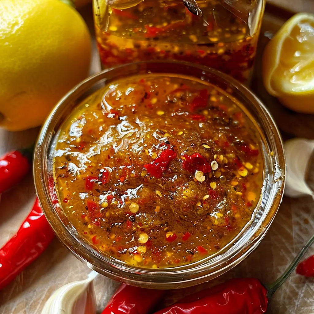 Une sauce chili avec pépins de poivron et morceaux de citron.