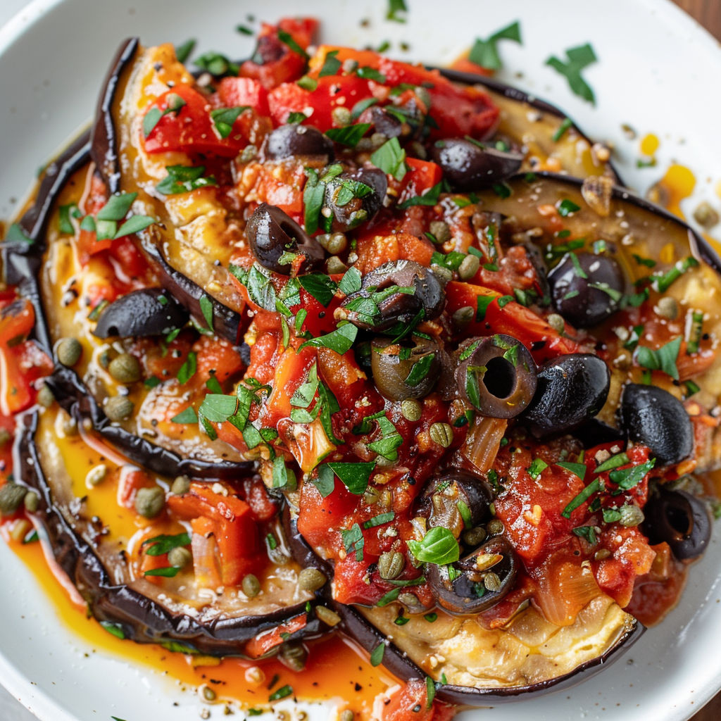 Un plat savoureux d’aubergines rôties, tomates, olives et herbes méditerranéennes servi pour un dîner chaleureux.