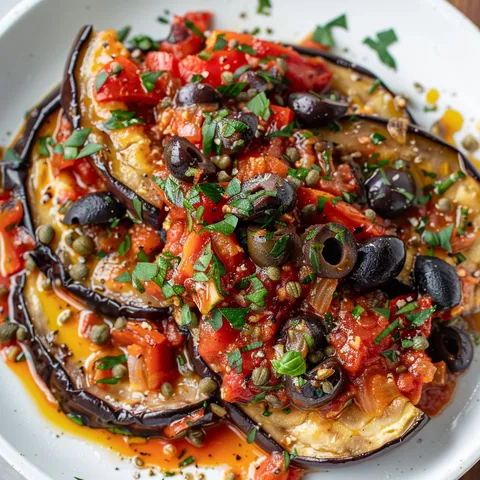 Un plat savoureux d’aubergines rôties, tomates, olives et herbes méditerranéennes servi pour un dîner chaleureux.