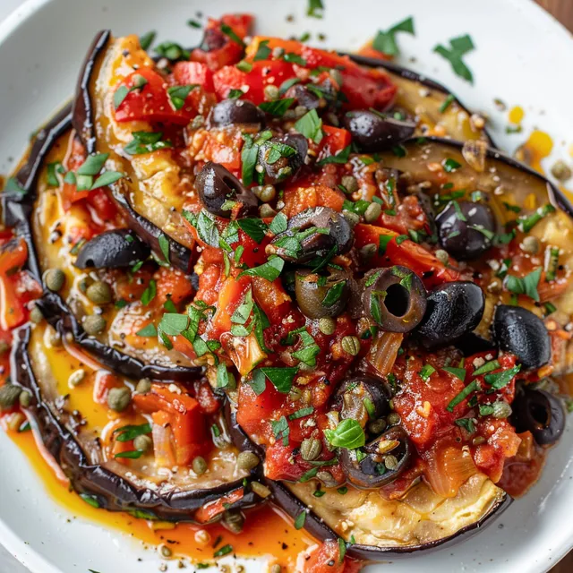 Un plat savoureux d’aubergines rôties, tomates, olives et herbes méditerranéennes servi pour un dîner chaleureux.