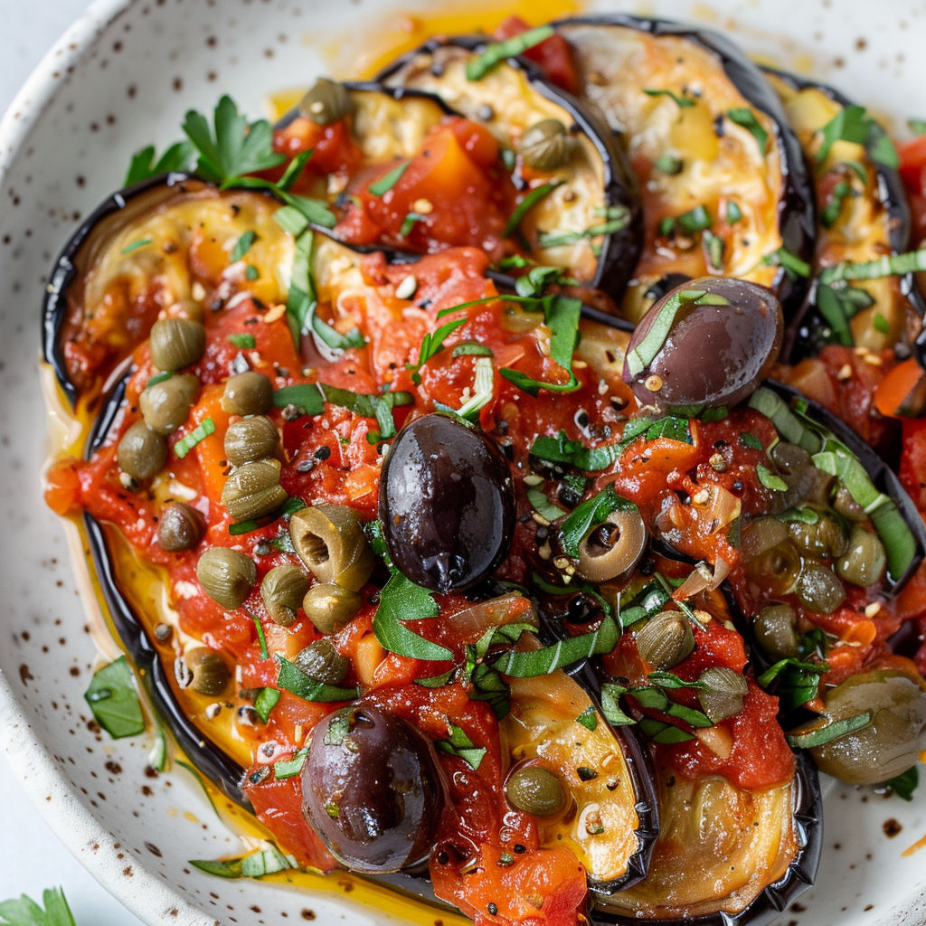 Joli bol rempli d’aubergines, olives noires et morceaux de tomates à la méditerranéenne.