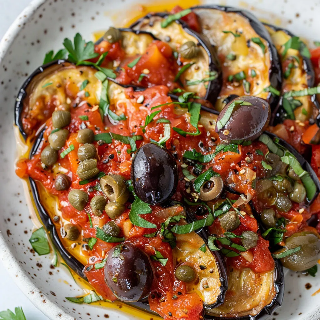 Joli bol rempli d’aubergines, olives noires et morceaux de tomates à la méditerranéenne.