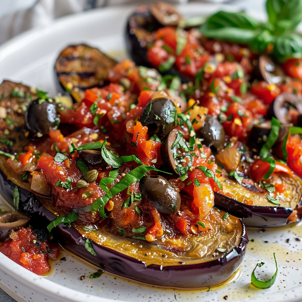 Assiette pleine de légumes grillés : aubergines, olives, câpres sur une table ensoleillée.