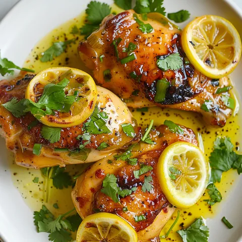 Plat savoureux de poulet mariné au citron signé Ottolenghi, généreusement garni d’herbes et de zestes.