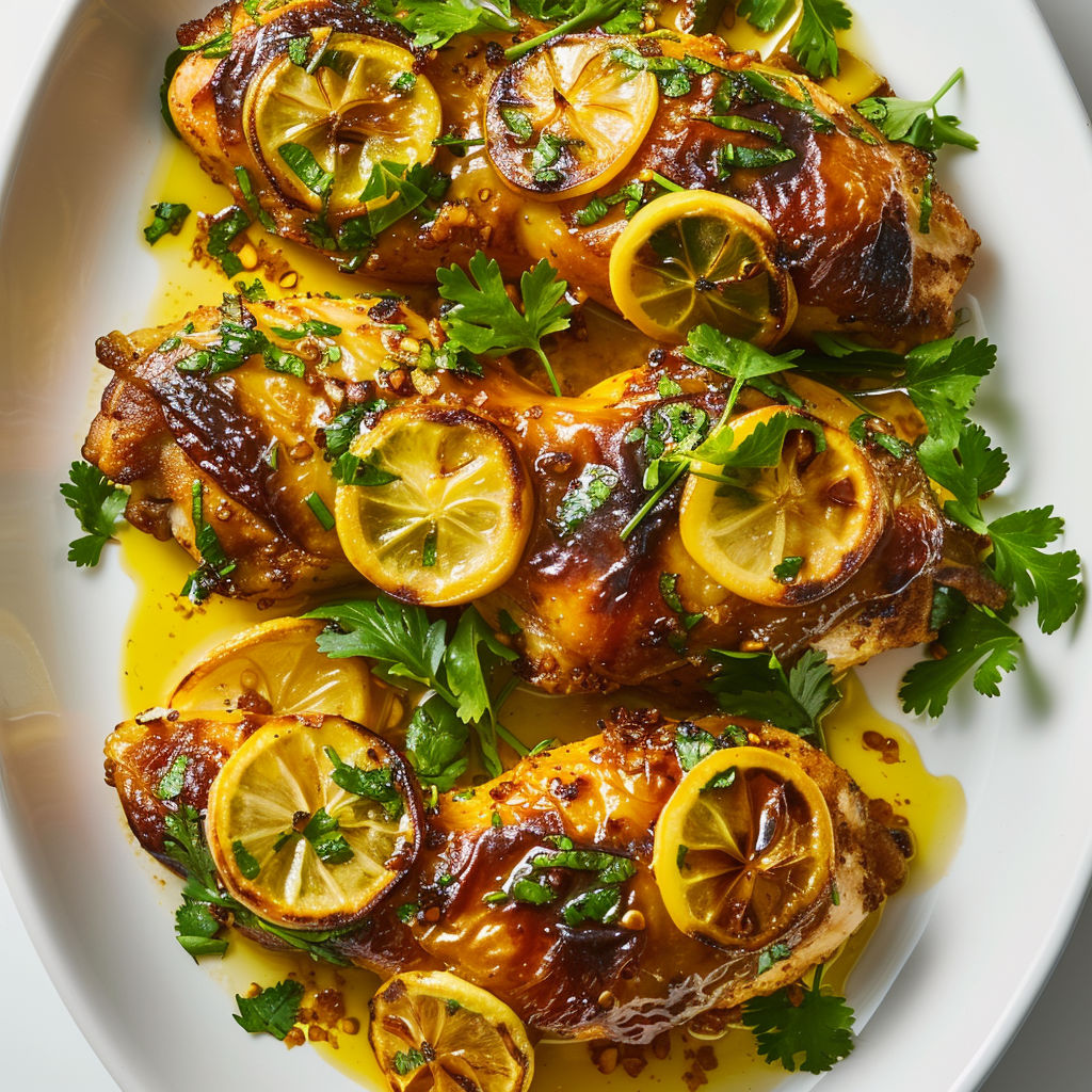 Poulet au citron double saveur, agrémenté de citrons et de fines herbes, un vrai plat gourmand et parfumé.