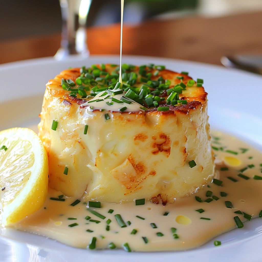 Un flan moelleux au crabe avec une sauce ciboulette et une touche de citron.