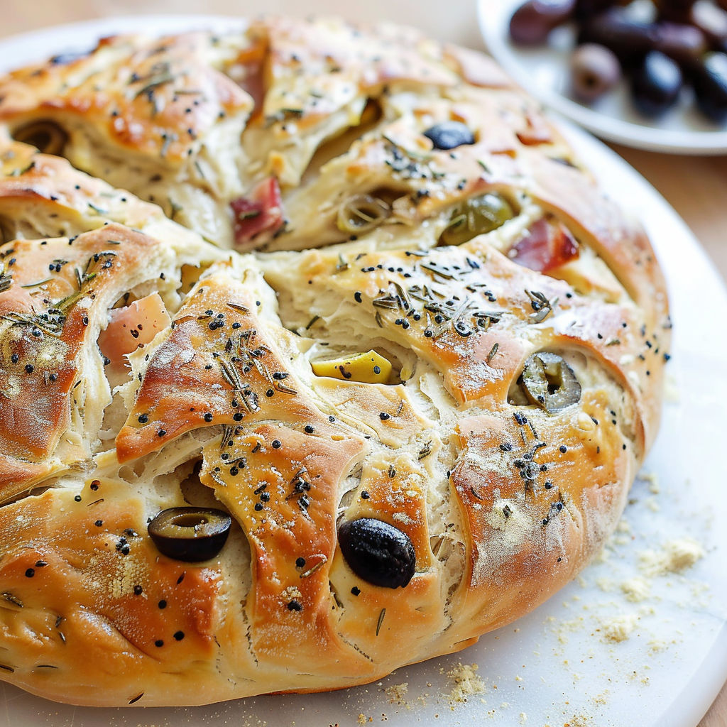 Pain fougasse aux olives et lard prêt à la cuisson.