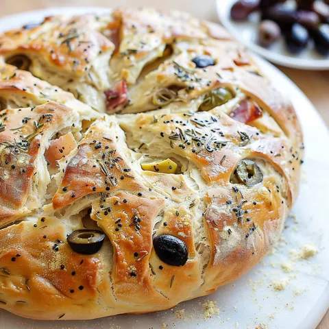 Pain fougasse aux olives et lard prêt à la cuisson.