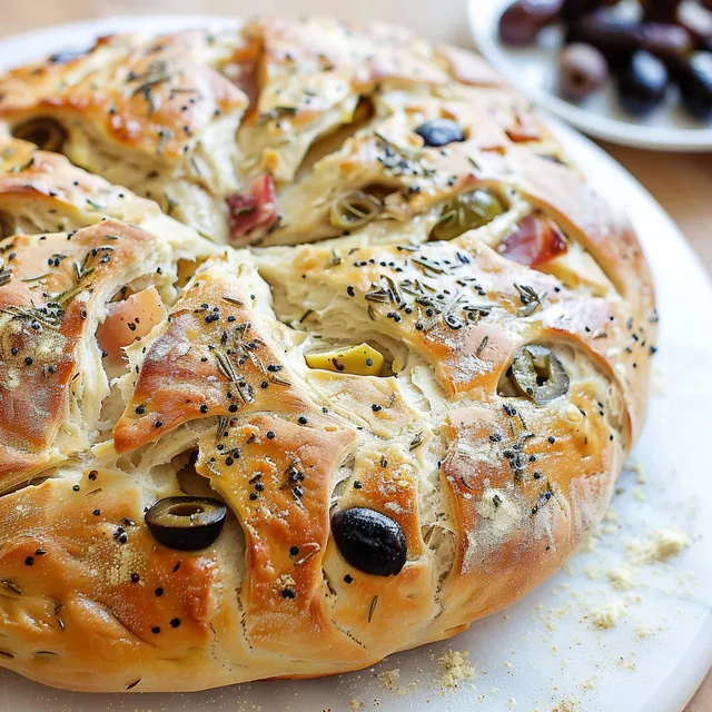 Pain fougasse aux olives et lard prêt à la cuisson.