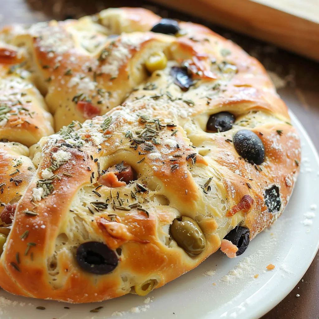 Une pizza maison garnie d'olives et d'épinards sur un plateau.