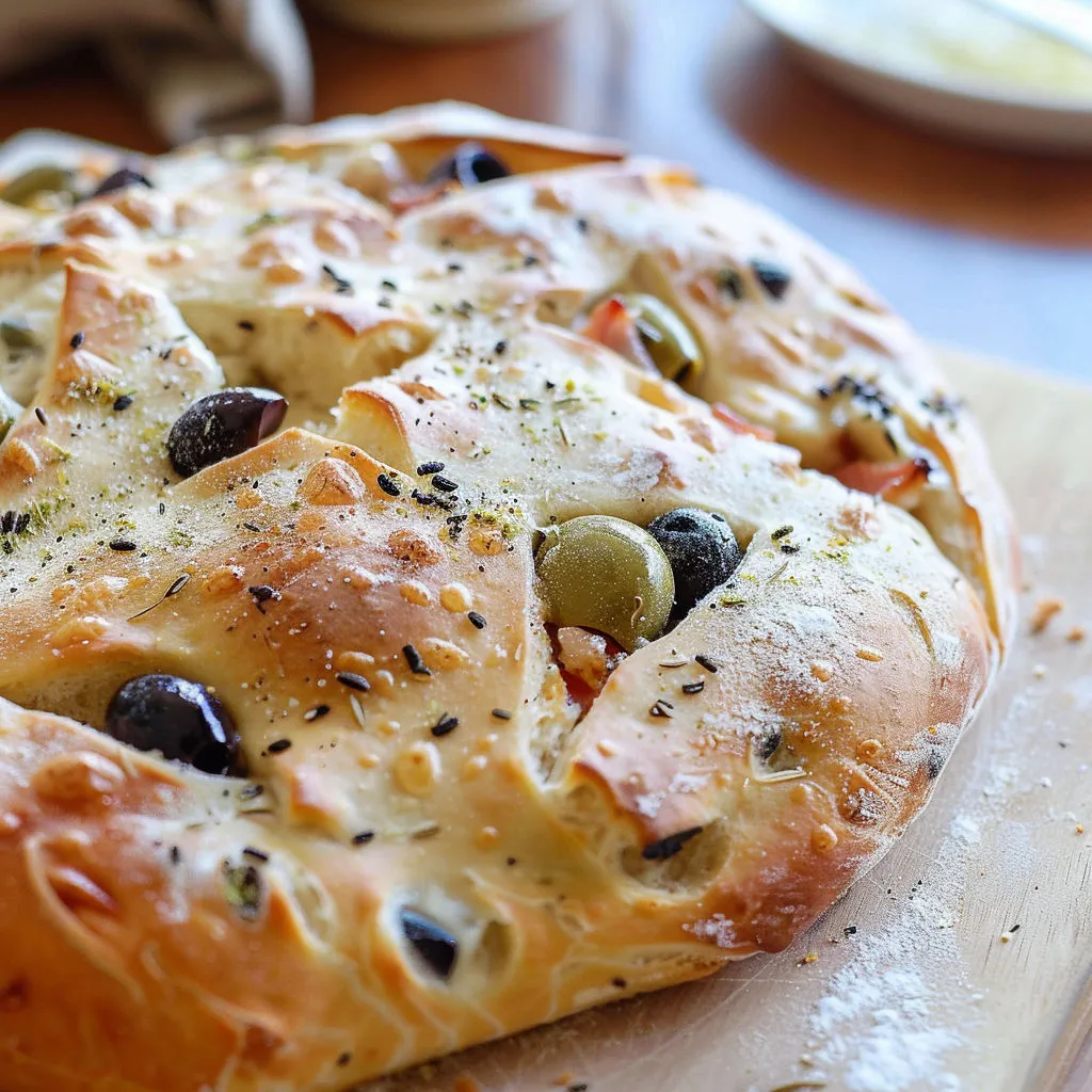 Une pizza maison avec olives et herbes servie sur une planche en bois.