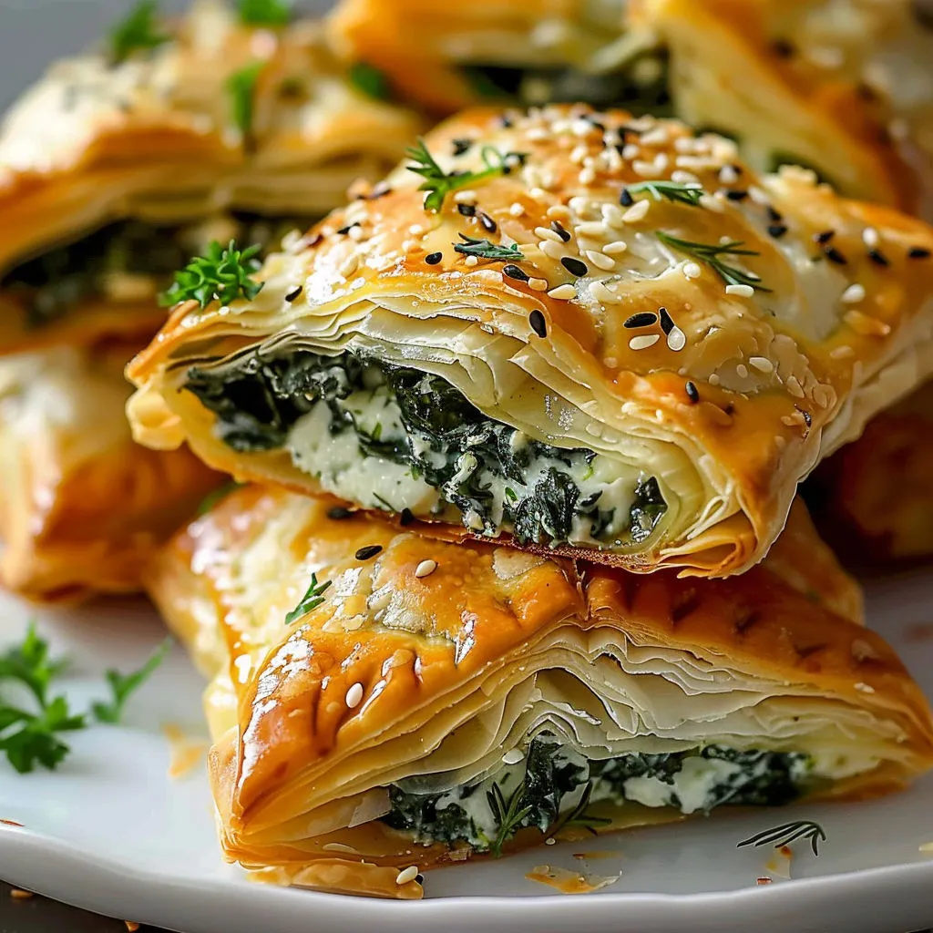Épinards feta en pâte feuilletée servis sur une jolie assiette blanche.