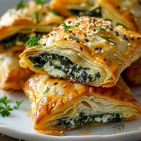 Épinards feta en pâte feuilletée servis sur une jolie assiette blanche.