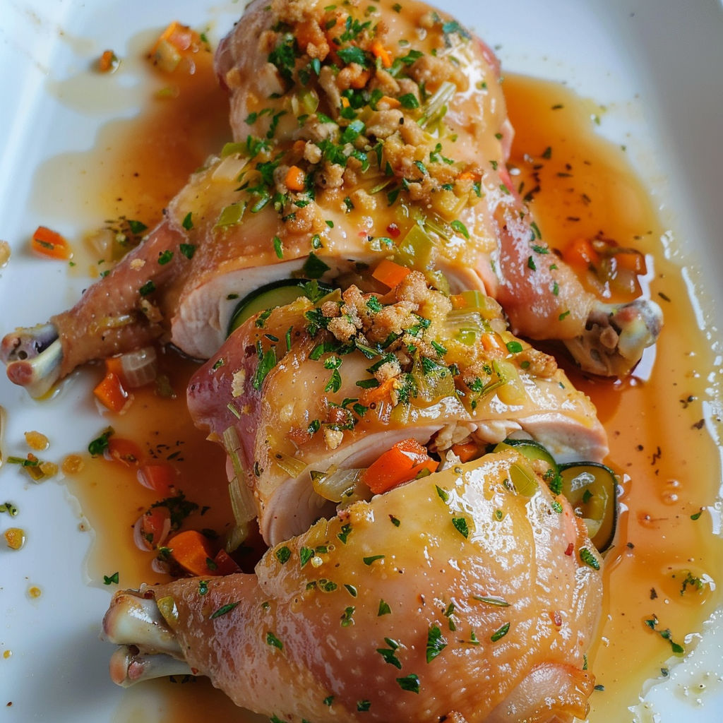 Poulet servi avec un jus d’herbes, vraiment délicieux à partager.