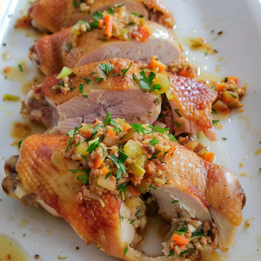Découpez les morceaux de poulet puis assaisonnez avec herbes et légumes, servez nappé de sauce au miel et herbes fraîches.