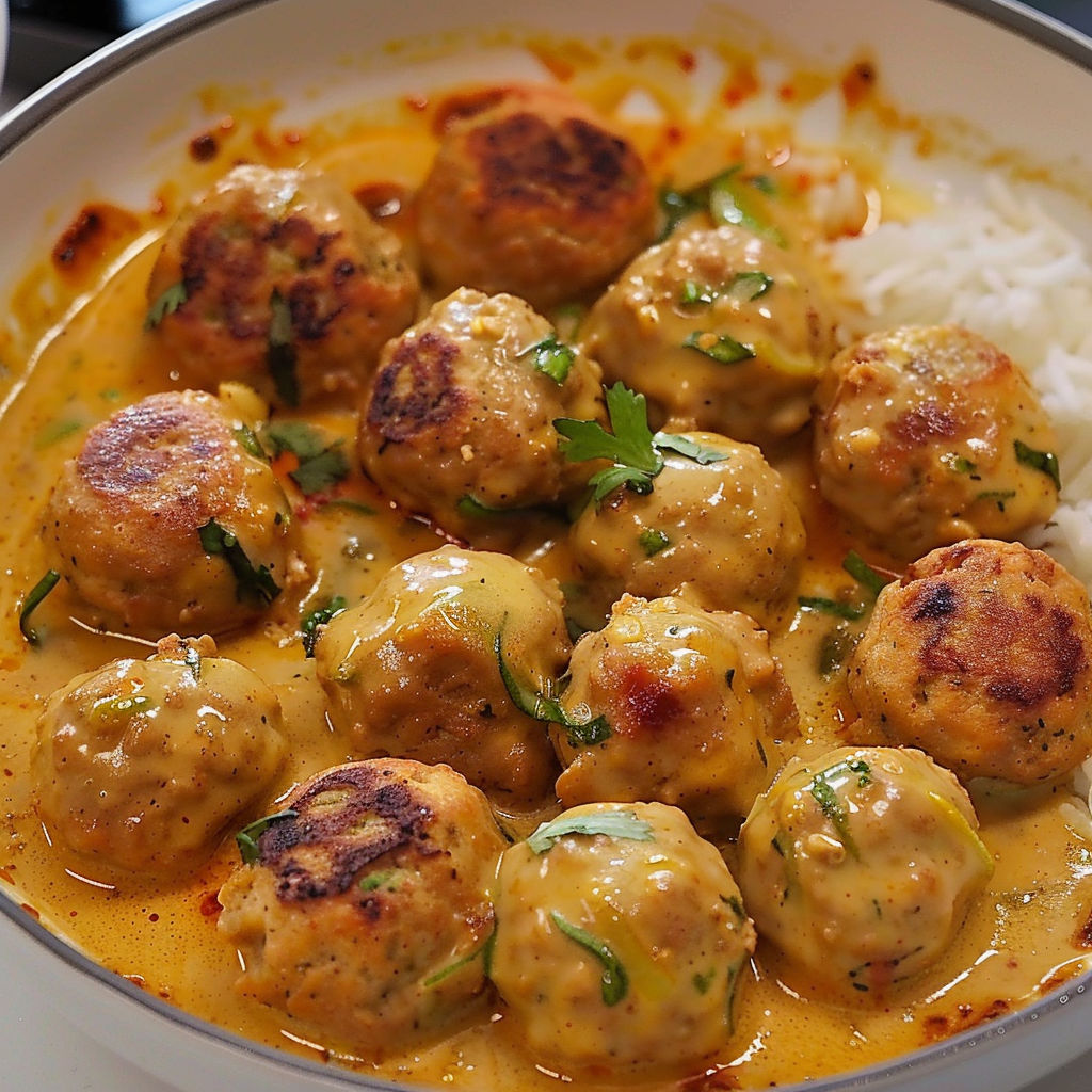 Délicieuses boulettes exotiques au poulet dans une sauce lait de coco et cari.