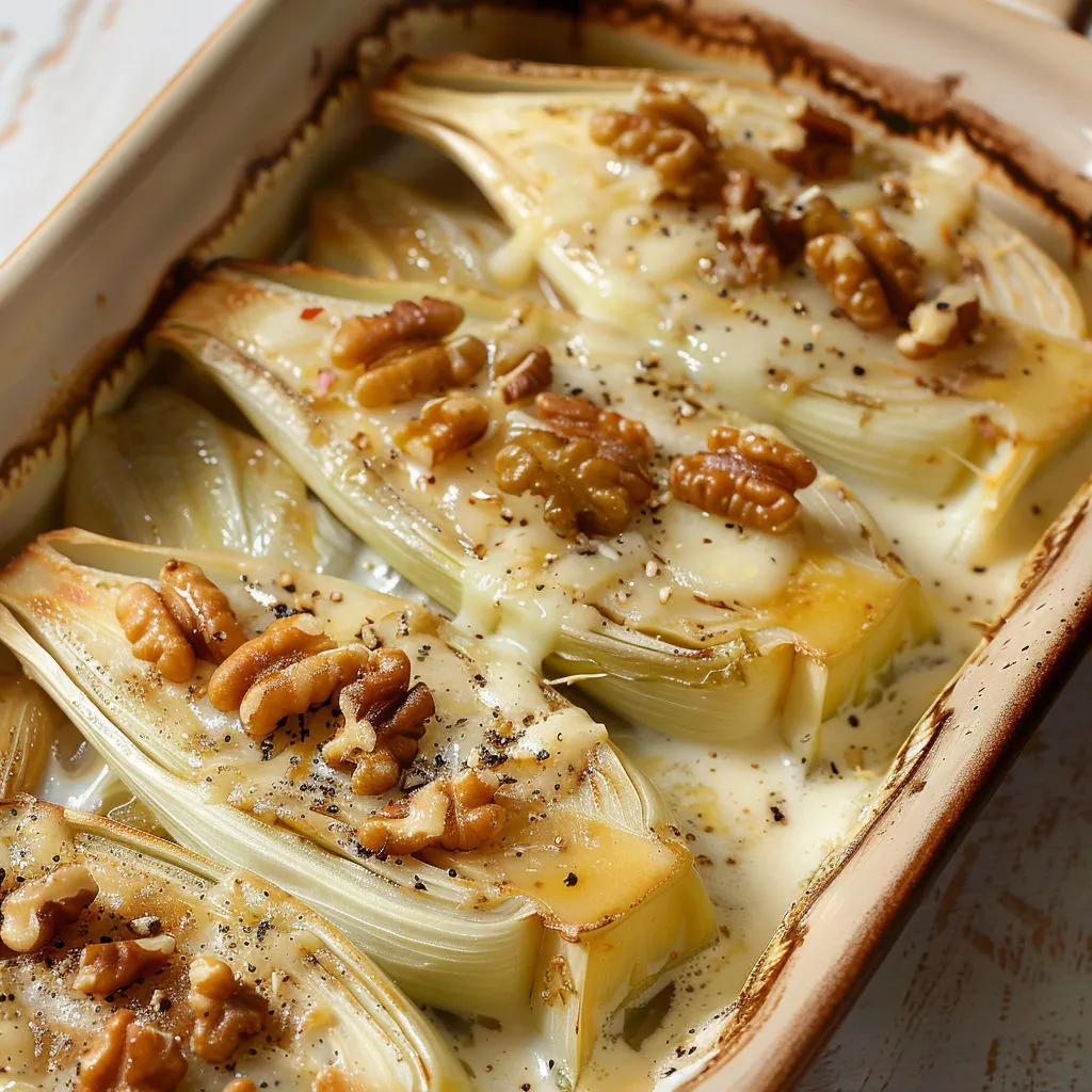 Endives avec sauce au roquefort et noix toastées sur le dessus.