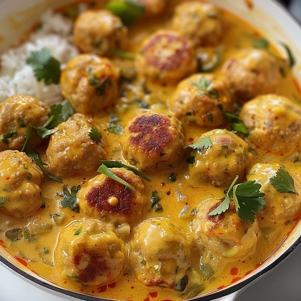Boulettes Indonésiennes poulet et coco dans une sauce épicée.