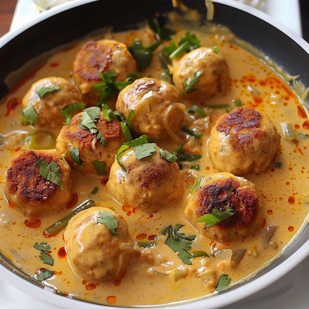 Boulettes curry rouge et lait de coco dans un bol.