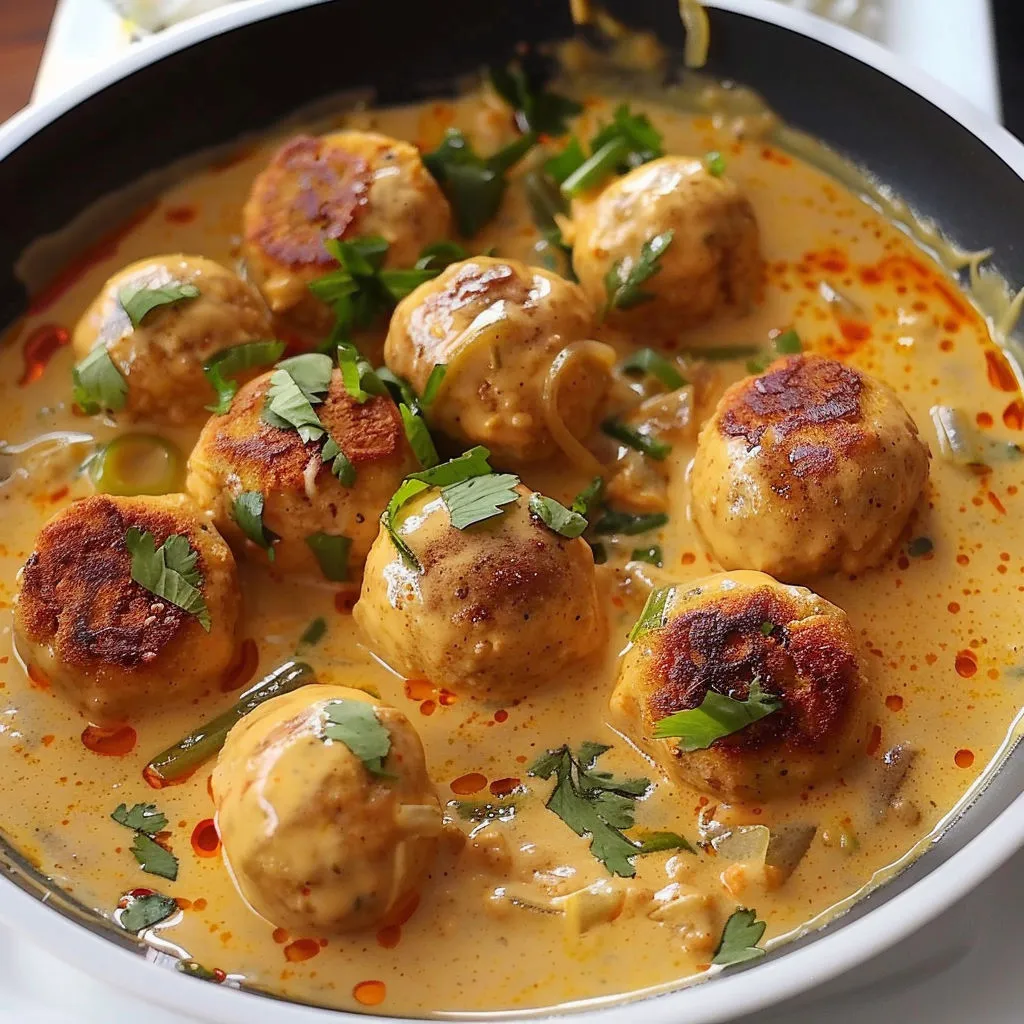Boulettes curry rouge et lait de coco dans un bol.