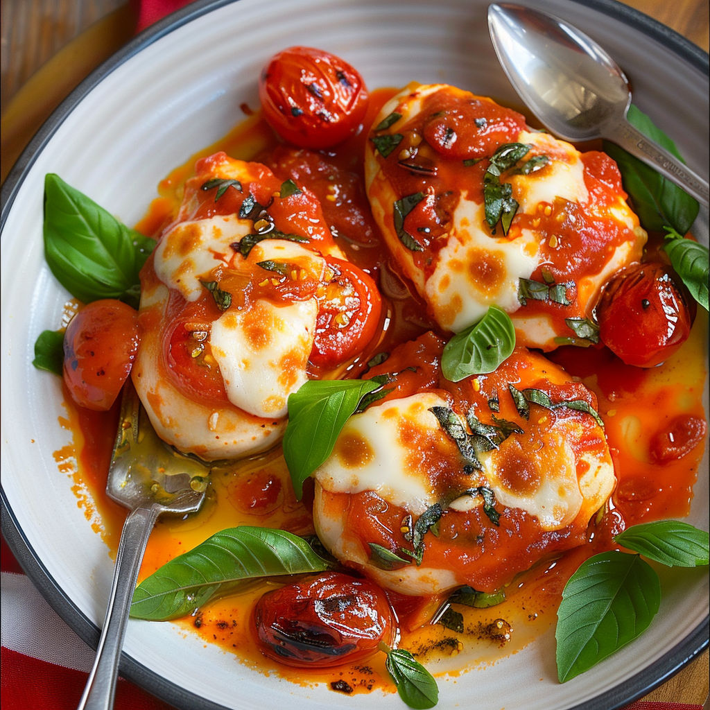 Un délicieux plat de poulet moelleux au four avec poivrons, mozzarella et basilic, accompagné d'une fourchette.