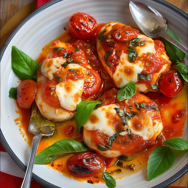 Un délicieux plat de poulet moelleux au four avec poivrons, mozzarella et basilic, accompagné d'une fourchette.
