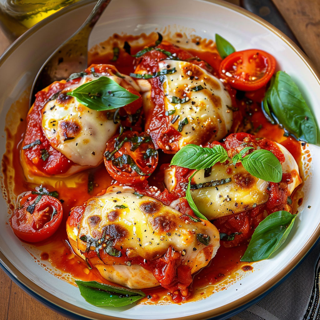 Un plat de poulet fondant avec tomates et herbes fraîches.