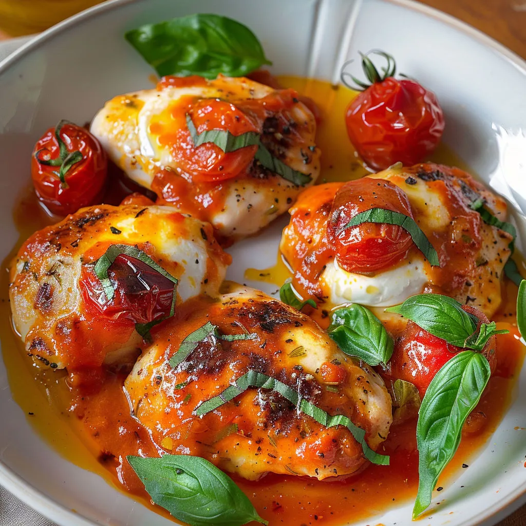 Assiette de blancs de poulet avec tomates, basilic et sauce tomate maison.