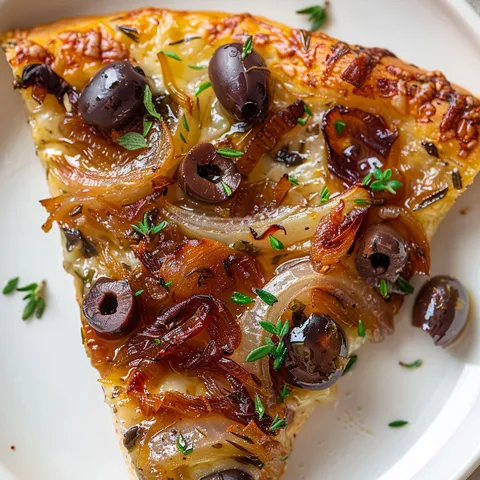 Tranche gorgée de soleil avec anchois, olives noires et pâte provençale, sur une assiette blanche.