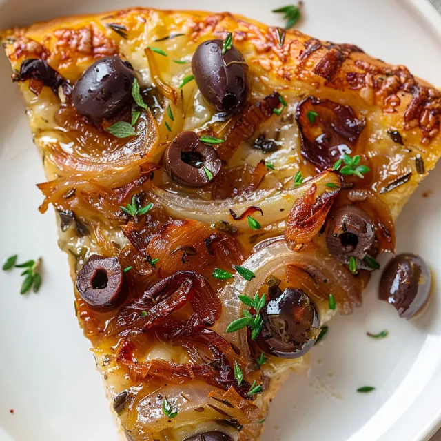 Tranche gorgée de soleil avec anchois, olives noires et pâte provençale, sur une assiette blanche.