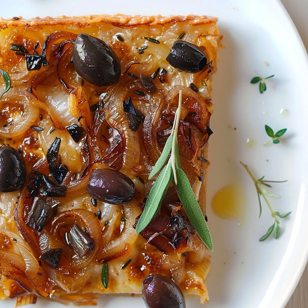 Une tarte aux oignons et olives posée sur un plateau.
