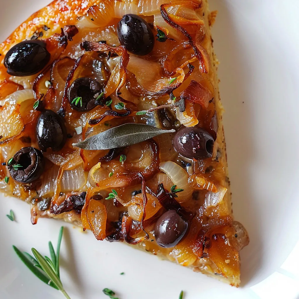 Tarte maison garnie d’olives, oignons et herbes.