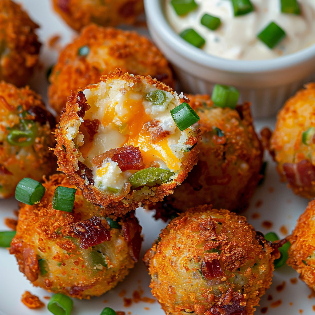 Des croquettes au bacon et au fromage, avec une sauce au yaourt et des herbes fraîches.