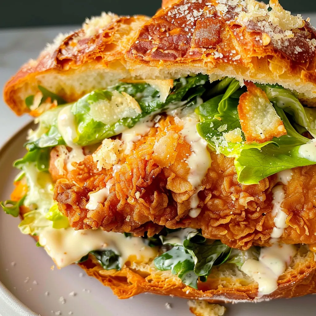 Un croissant garni de poulet croustillant avec une salade fraîche.