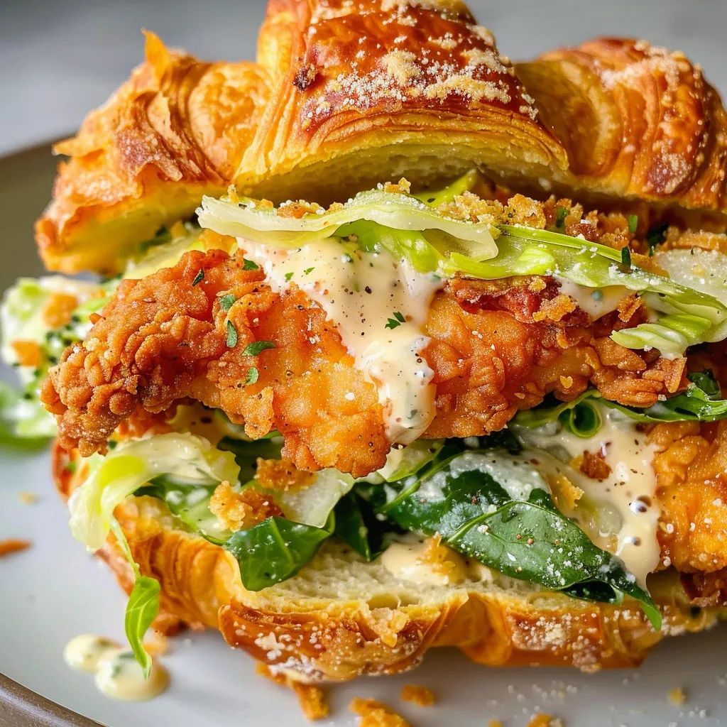 Un sandwich au poulet garni de légumes verts et d’herbes fraîches, avec une sauce crémeuse à côté.