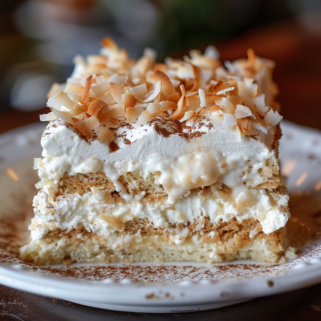 Un dessert onctueux au rhum coco orné de noix de coco râpée, prêt à être dégusté.