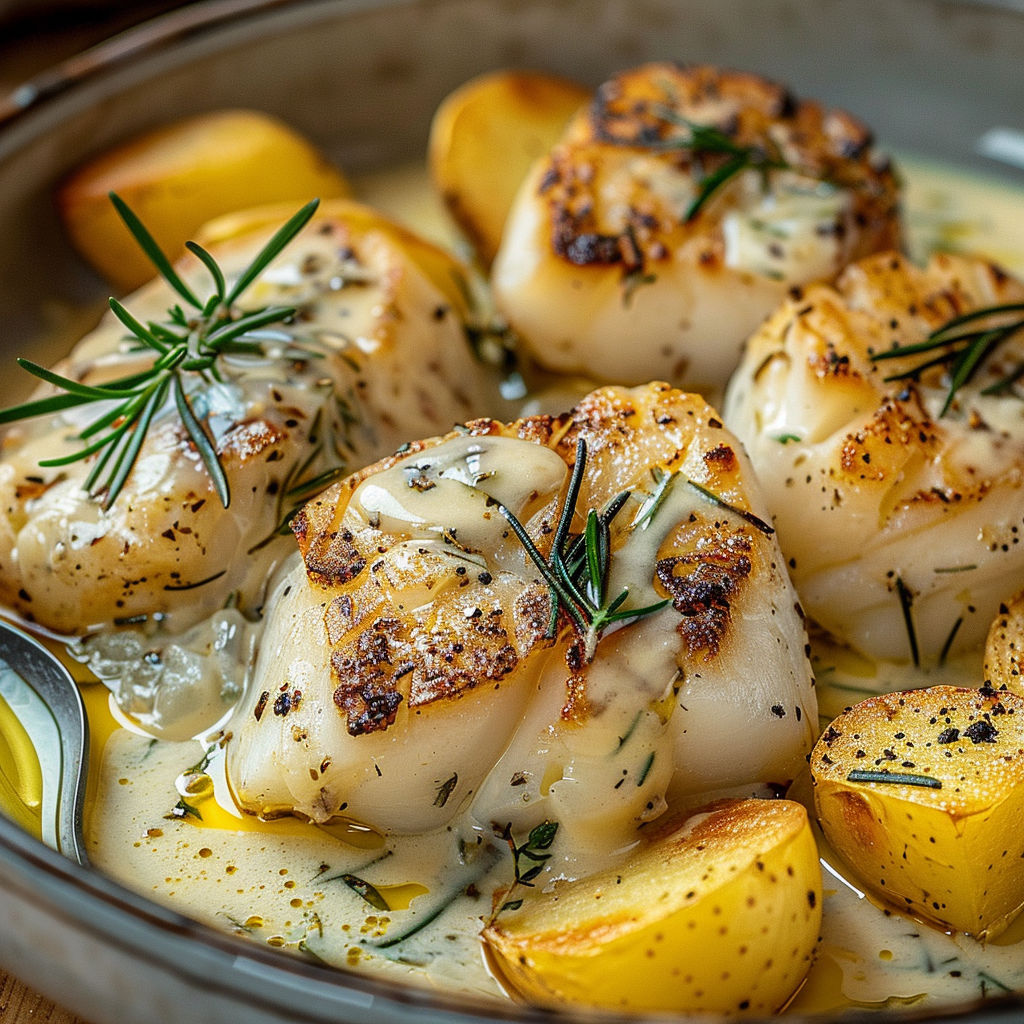 Un bol rempli de cabillaud tendre avec des pommes fondantes et une crème parfumée au romarin.
