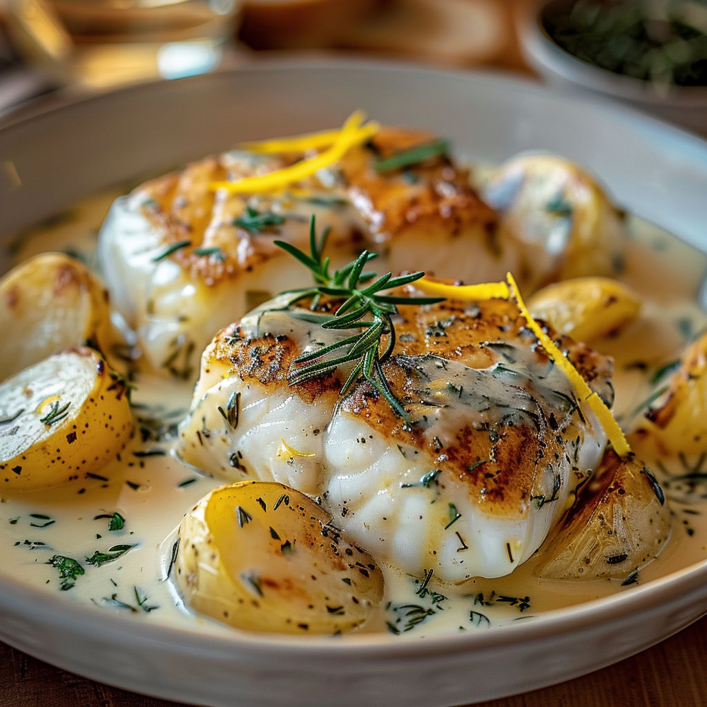 Cabillaud fondant, pommes douces et sauce crémeuse au romarin.