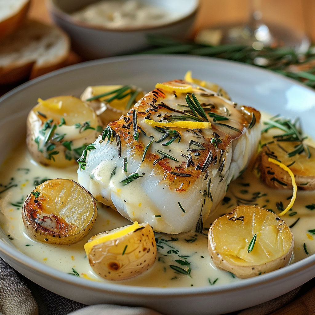 Poivrons et pommes de terre servis avec un cabillaud crémeux au romarin.