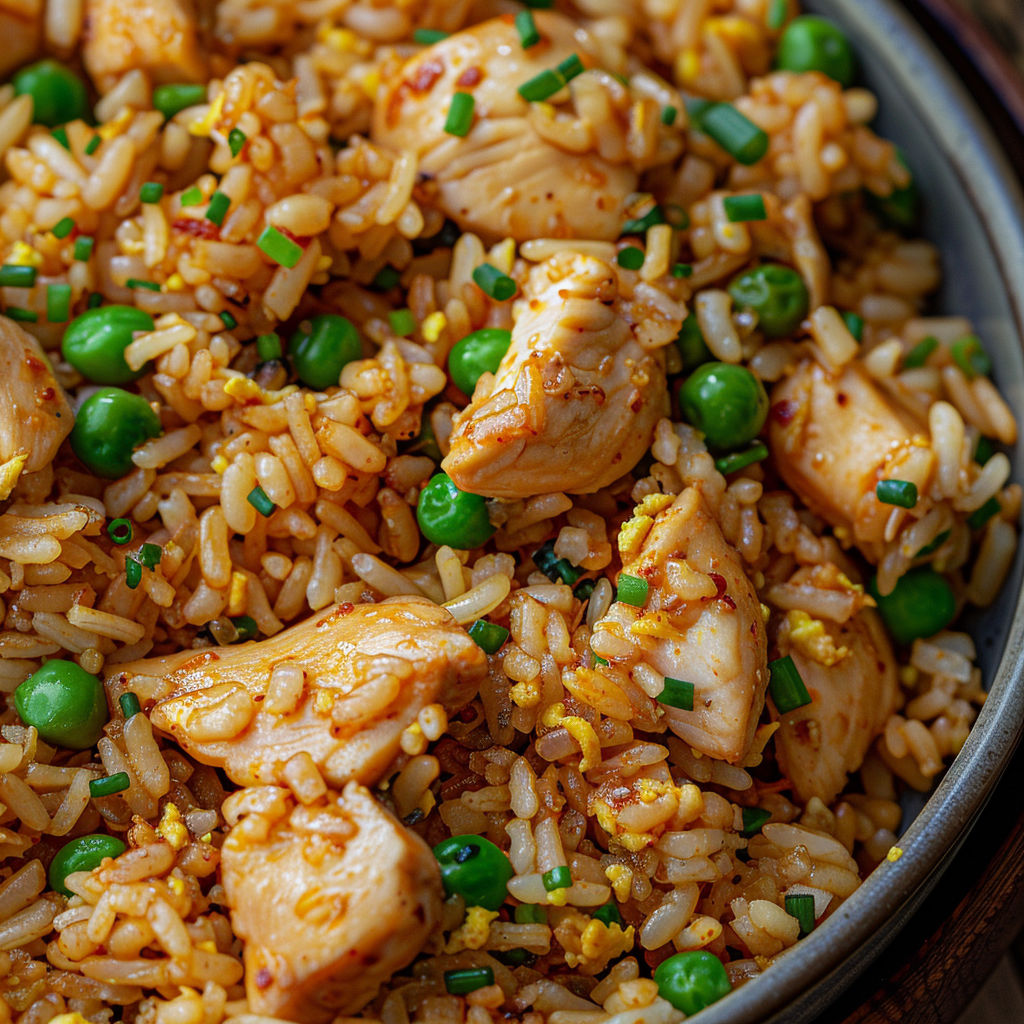 Poulet et riz sautés servis dans un bol métallique, savoureux et rapide à préparer.