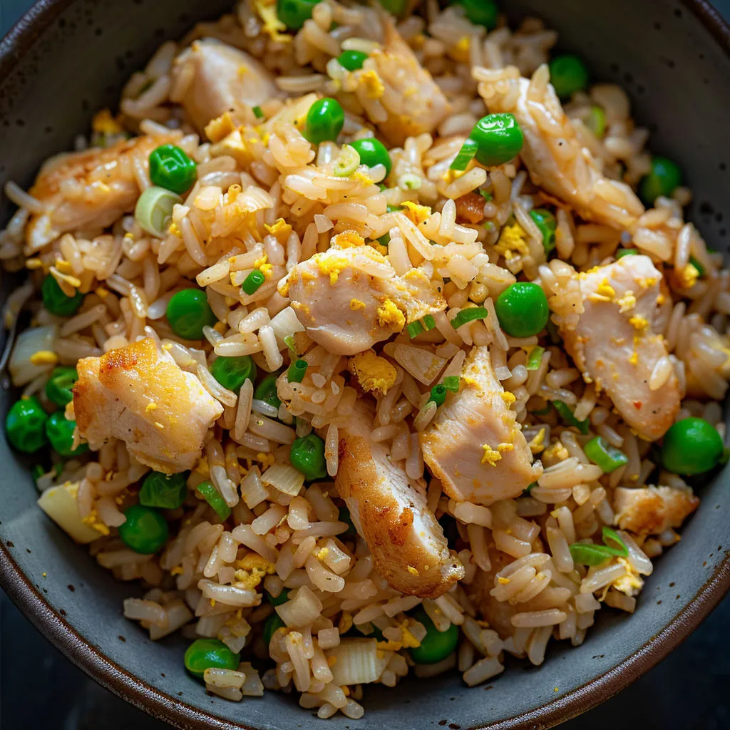 Riz au poulet avec petits pois et oignons.