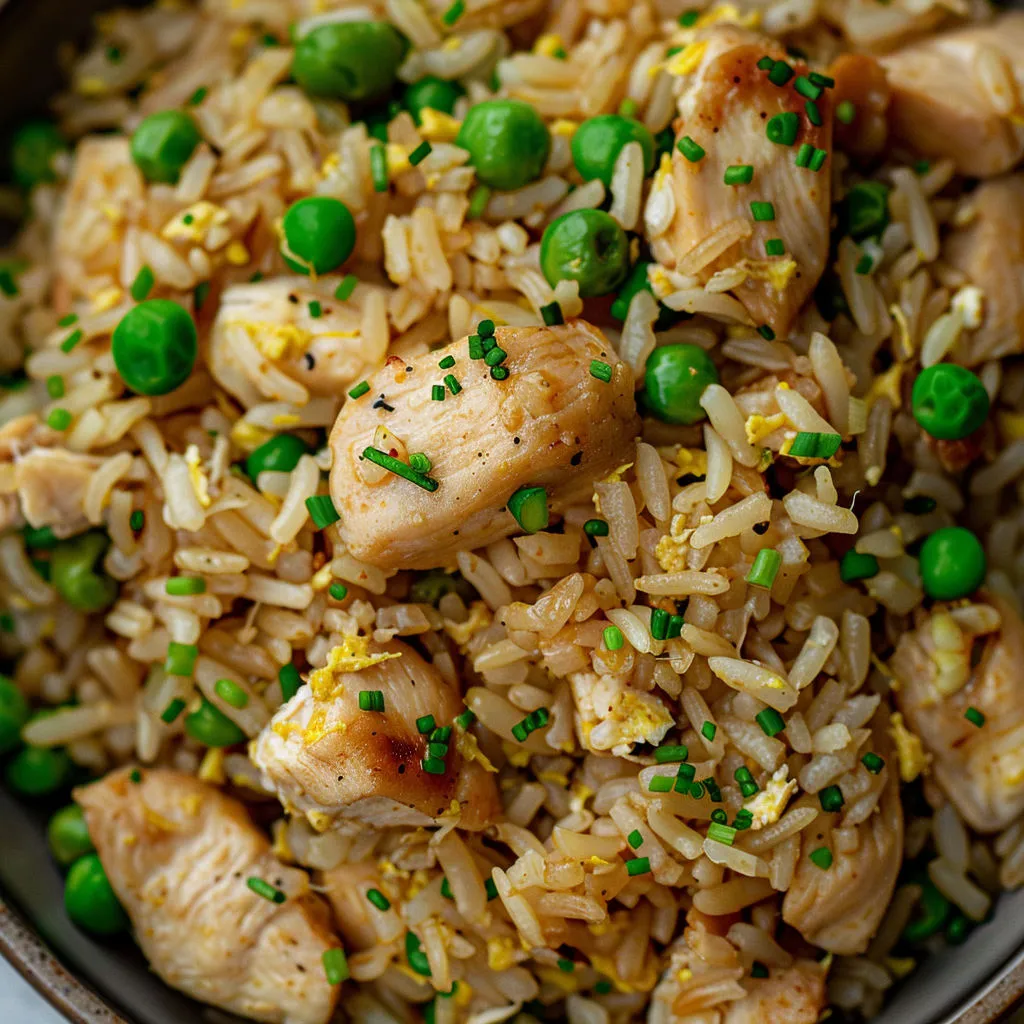 Riz au poulet et petits pois, savoureux et sain.