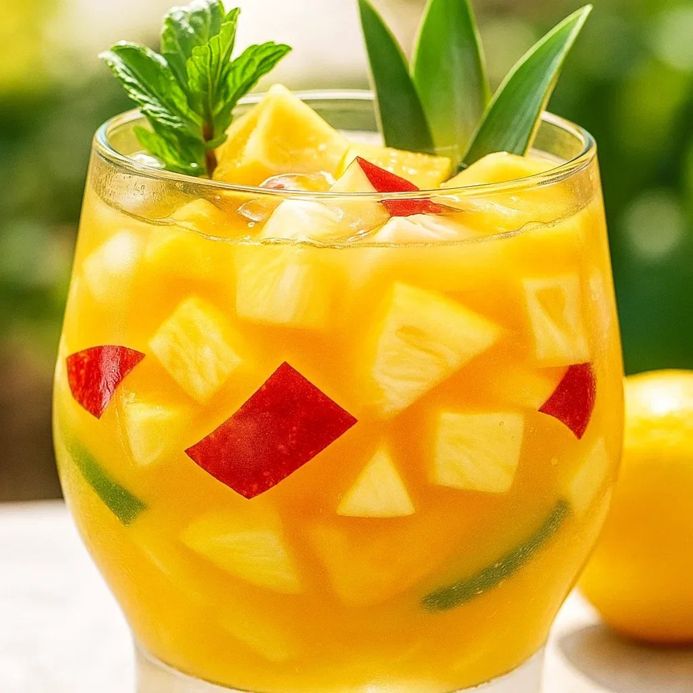 Verre de cocktail Tropical avec morceaux d'ananas et herbes fraîches.